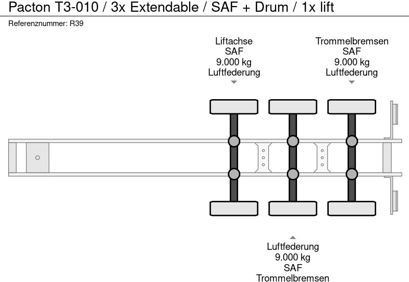컨테이너 운반 장치/ 스와프 보디 세미 트레일러 Pacton T3-010 / 3x Extendable / SAF + Drum / 1x lift : 사진 9