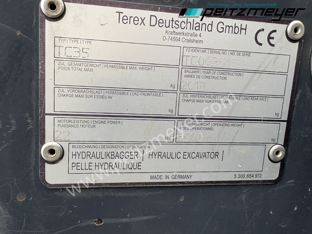 미니 굴삭기 TEREX MINIBAGGER TC 35 mit hydr. Schwenklöffel 1.300 mm : 사진 14 미니 굴삭기 TEREX MINIBAGGER TC 35 mit hydr. Schwenklöffel 1.300 mm : 사진 14