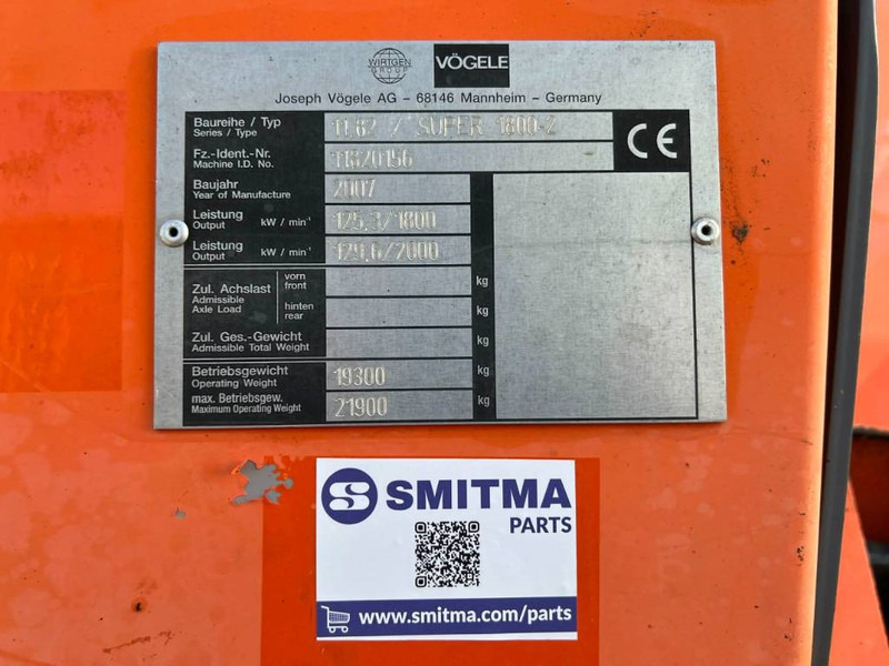 Vögele SUPER 1800-2 - 아스팔트 포장기 : 사진 5 Vögele SUPER 1800-2 - 아스팔트 포장기 : 사진 5