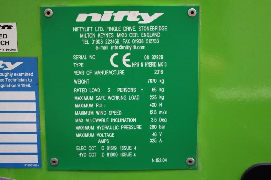 관절 붐 Niftylift HR17N Hybrid MK3 Hybrid Battery & Diesel, 17m Work : 사진 6