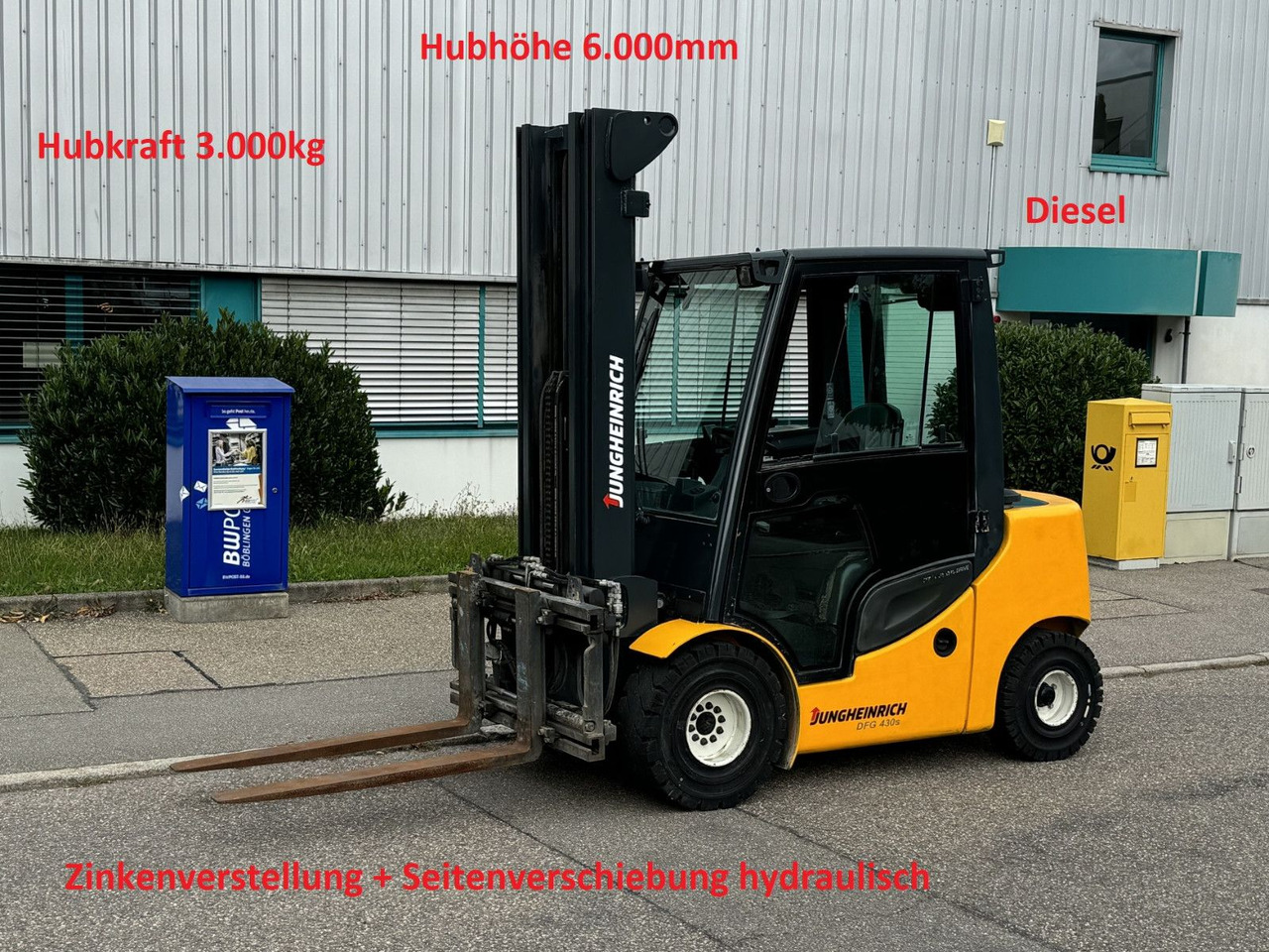 Jungheinrich DFG 430s 600DZ 3t Triplex 6m Zinkenverst. Seiten - 디젤 지게차 : 사진 1 Jungheinrich DFG 430s 600DZ 3t Triplex 6m Zinkenverst. Seiten - 디젤 지게차 : 사진 1
