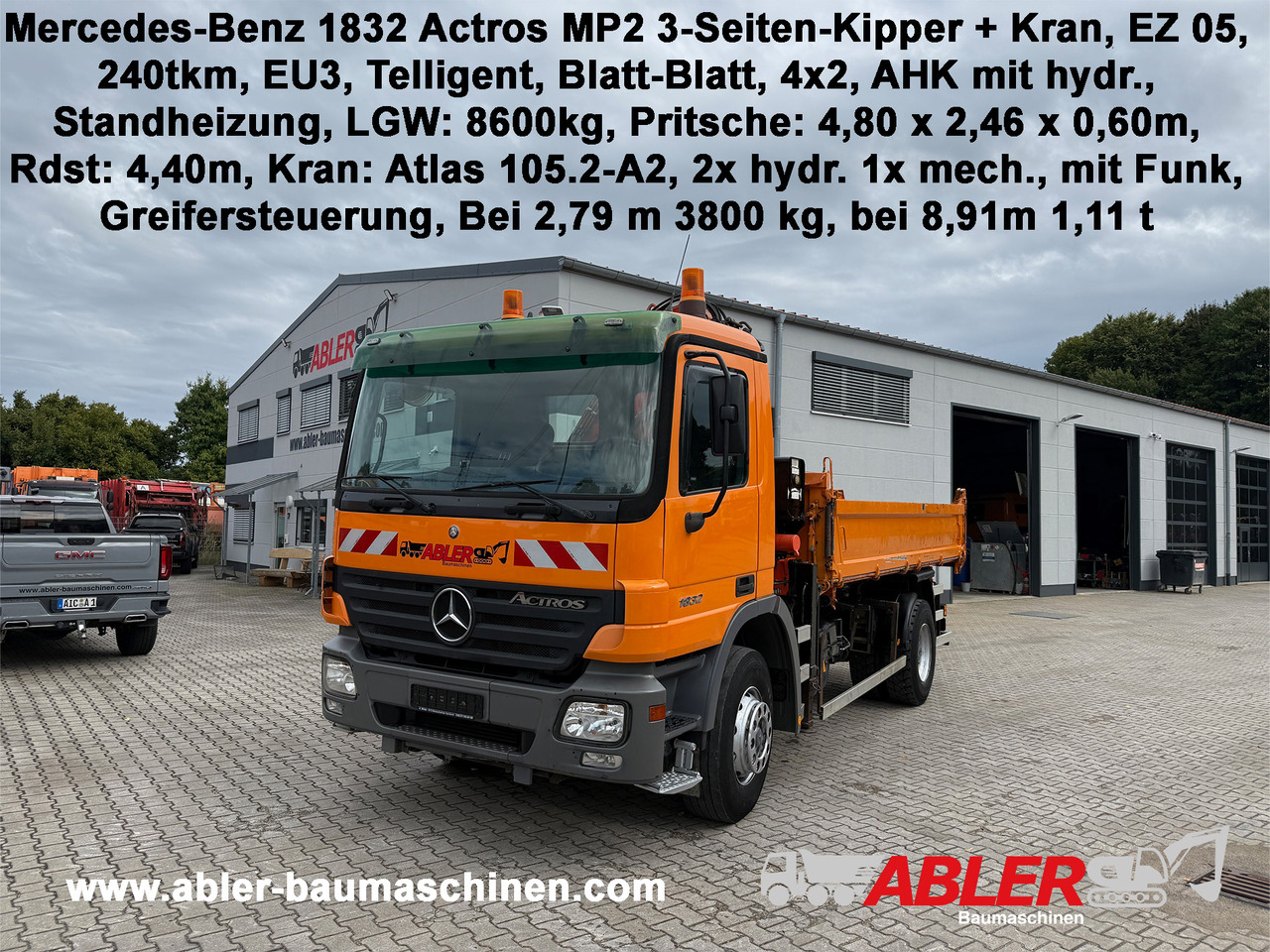 Mercedes-Benz 1832 Actros MP2 3-Seiten-Kipper mit Kran + Funk - 덤프트럭, 크레인 트럭 : 사진 1 Mercedes-Benz 1832 Actros MP2 3-Seiten-Kipper mit Kran + Funk - 덤프트럭, 크레인 트럭 : 사진 1