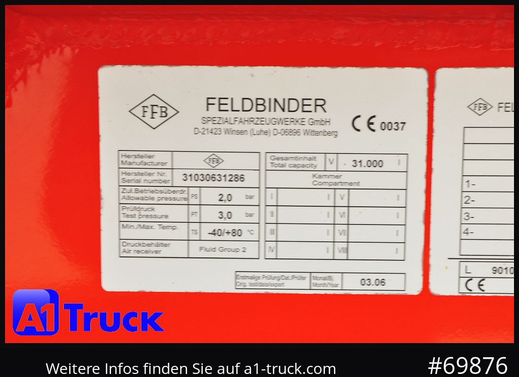 FELDBINDER HEUT 31.2 Silo, Futtermittel, 31m³, 3 Kammern, - 유조 트레일러 : 사진 2 FELDBINDER HEUT 31.2 Silo, Futtermittel, 31m³, 3 Kammern, - 유조 트레일러 : 사진 2