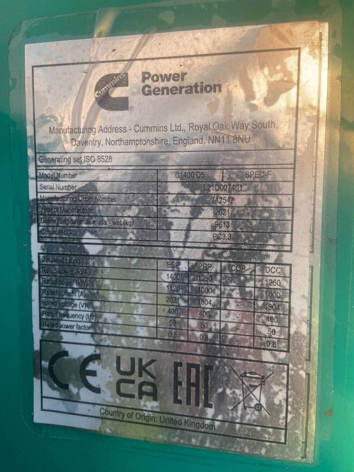 Cummins C1400D5 - 1.400 kVA Generator - DPX-18532-O - 발전기 세트 : 사진 3 Cummins C1400D5 - 1.400 kVA Generator - DPX-18532-O - 발전기 세트 : 사진 3
