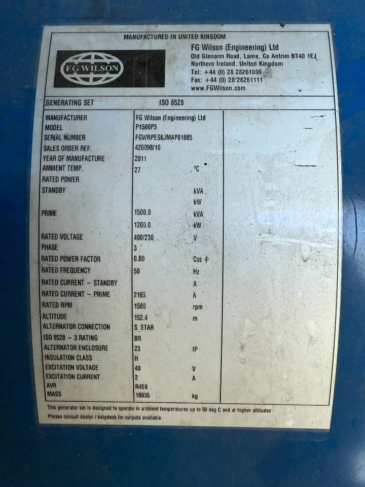 FG Wilson P1500P3 - 1.650 kVA Generator - DPX-12628 - 발전기 세트 : 사진 5 FG Wilson P1500P3 - 1.650 kVA Generator - DPX-12628 - 발전기 세트 : 사진 5