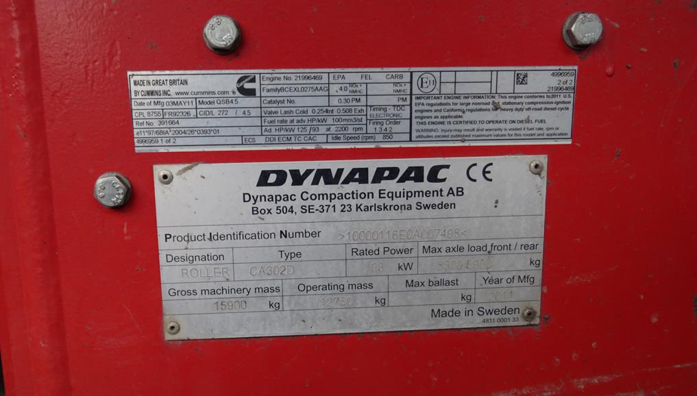 Walec DYNAPAC CA 302D 2011 - 3393 mth - CE - 15,9t - 롤러 : 사진 5 Walec DYNAPAC CA 302D 2011 - 3393 mth - CE - 15,9t - 롤러 : 사진 5
