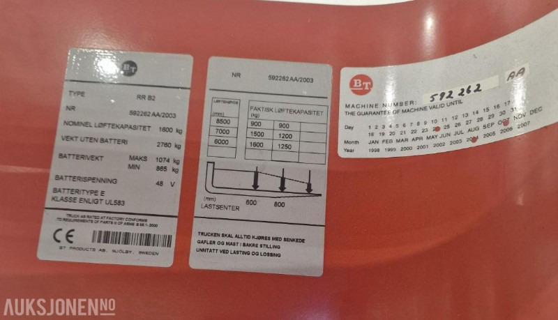 2004 BT Skyvemast truck med vekt. Kun 1412 timer. Modell RR B2 - 자재 취급 장비 : 사진 4 2004 BT Skyvemast truck med vekt. Kun 1412 timer. Modell RR B2 - 자재 취급 장비 : 사진 4