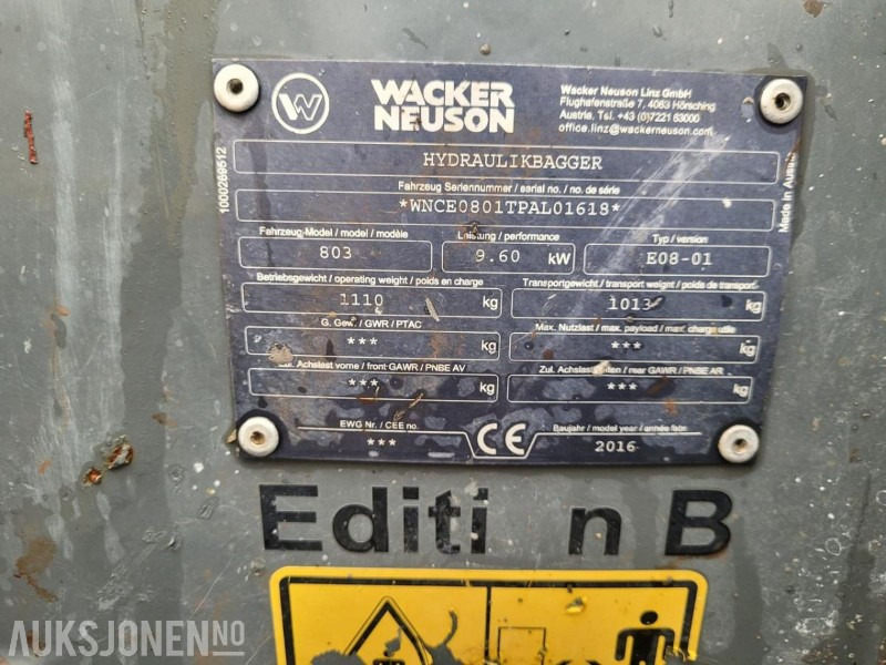 미니 굴삭기 2016 Wacker Neuson 803 Dual Power, 2 skuffer, Elektro-hydraulisk aggregat (HPU) : 사진 7