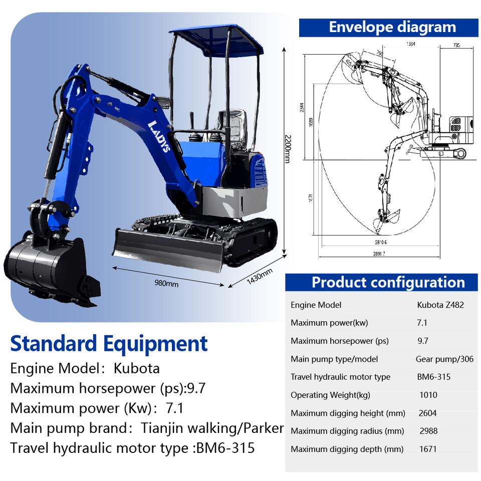 LADYS DY12Pro Mini Excavator Kubota Engine Euro 5/EPA/CE Mini Excavator Digger Miniexcavadora Mini Excavator For Sale - 크롤러 굴삭기 : 사진 2 LADYS DY12Pro Mini Excavator Kubota Engine Euro 5/EPA/CE Mini Excavator Digger Miniexcavadora Mini Excavator For Sale - 크롤러 굴삭기 : 사진 2