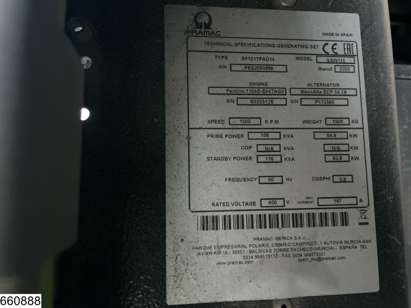 Pramac GSW115 2593 h, 85KW, 106KVA - 발전기 세트 : 사진 5 Pramac GSW115 2593 h, 85KW, 106KVA - 발전기 세트 : 사진 5