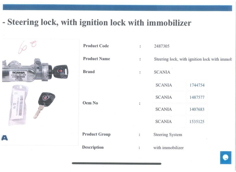 Scania Steering Lock, With ignition lock immobilizer - 예비 부속 : 사진 2 Scania Steering Lock, With ignition lock immobilizer - 예비 부속 : 사진 2