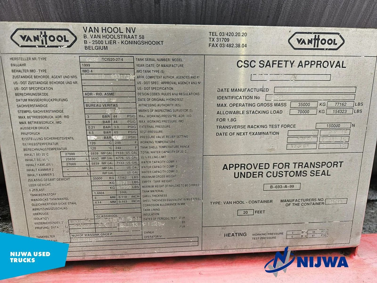 Vanhool TCIS20-27/4 20 FT Container - Non ADR - 탱크 컨테이너 : 사진 4 Vanhool TCIS20-27/4 20 FT Container - Non ADR - 탱크 컨테이너 : 사진 4
