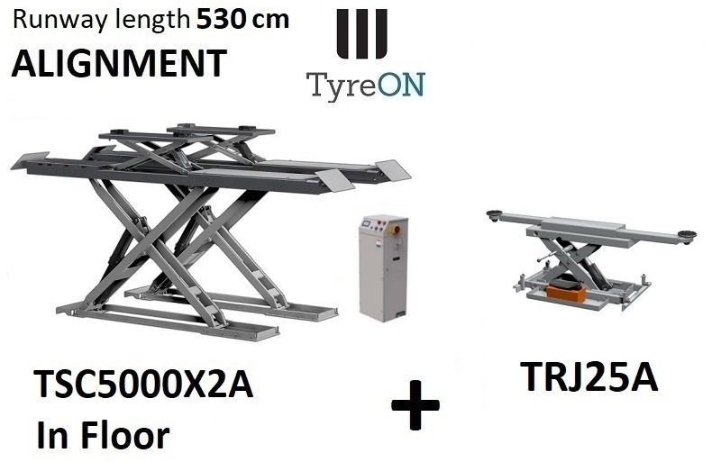 TSC5000X2A in floor alignment scissor lift 5000kg 5300mm + TRJ25A 2,5T air hydraulic axle jack - 작업장 장비 : 사진 1 TSC5000X2A in floor alignment scissor lift 5000kg 5300mm + TRJ25A 2,5T air hydraulic axle jack - 작업장 장비 : 사진 1