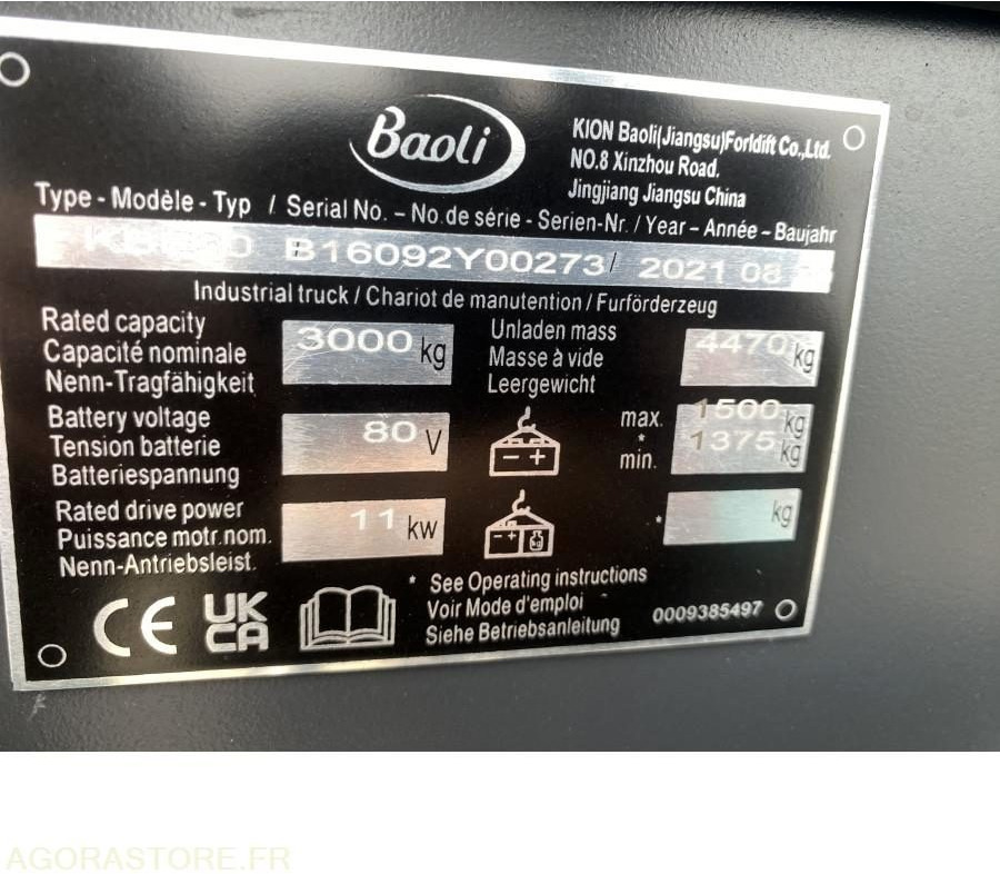 Chariot élévateur NEUF BAOLI KBE30N 3T ELECTRIQUE - 전기 지게차 : 사진 3 Chariot élévateur NEUF BAOLI KBE30N 3T ELECTRIQUE - 전기 지게차 : 사진 3