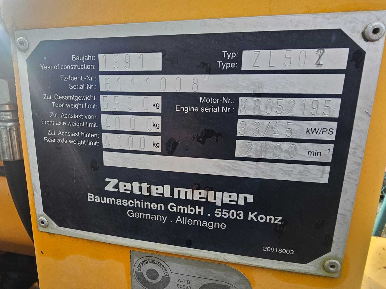 ZETTELMEYER - ZL 502 - LOADER - 1991 - 휠 로더 : 사진 4 ZETTELMEYER - ZL 502 - LOADER - 1991 - 휠 로더 : 사진 4