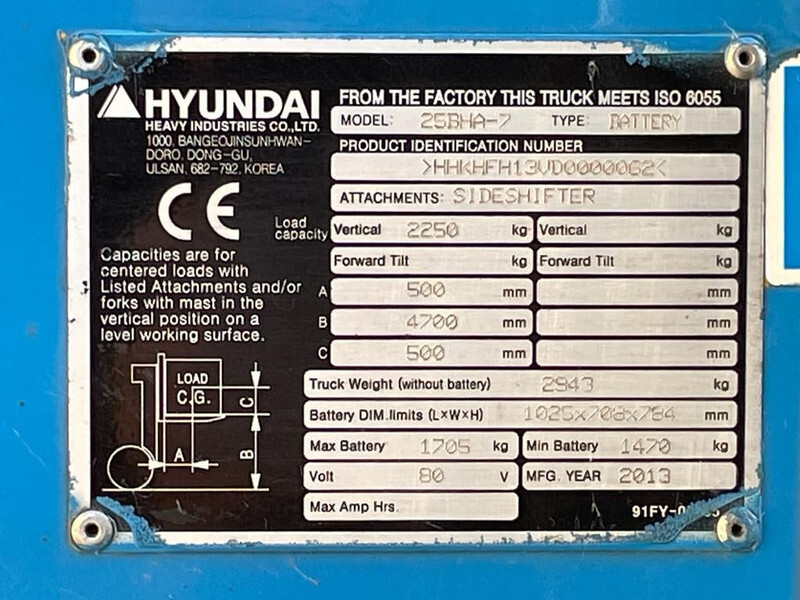 Hyundai 25BHA-7 2.5 ton Triplex Freelift Sideshift Elektra Heftruck - 전기 지게차 : 사진 3 Hyundai 25BHA-7 2.5 ton Triplex Freelift Sideshift Elektra Heftruck - 전기 지게차 : 사진 3