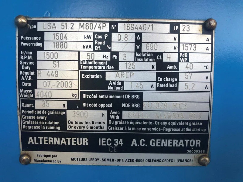 Leroy Somer SDMO 1880 kVA generatordeel SDMO 1880 kVA generatordeel op frame - 발전기 세트 : 사진 4 Leroy Somer SDMO 1880 kVA generatordeel SDMO 1880 kVA generatordeel op frame - 발전기 세트 : 사진 4