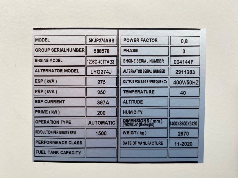 Perkins 275 kVA - 1206D-70TTAG3 Stamford 275 kVA Supersilent generatorset New ! - 발전기 세트 : 사진 2 Perkins 275 kVA - 1206D-70TTAG3 Stamford 275 kVA Supersilent generatorset New ! - 발전기 세트 : 사진 2