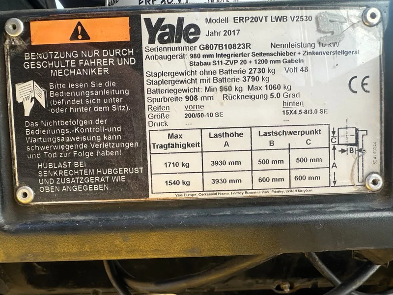 Yale ERP 20 VT 2 ton Duplex Sideshift Positioner Elektra Heftruck 2017 - 전기 지게차 : 사진 3 Yale ERP 20 VT 2 ton Duplex Sideshift Positioner Elektra Heftruck 2017 - 전기 지게차 : 사진 3
